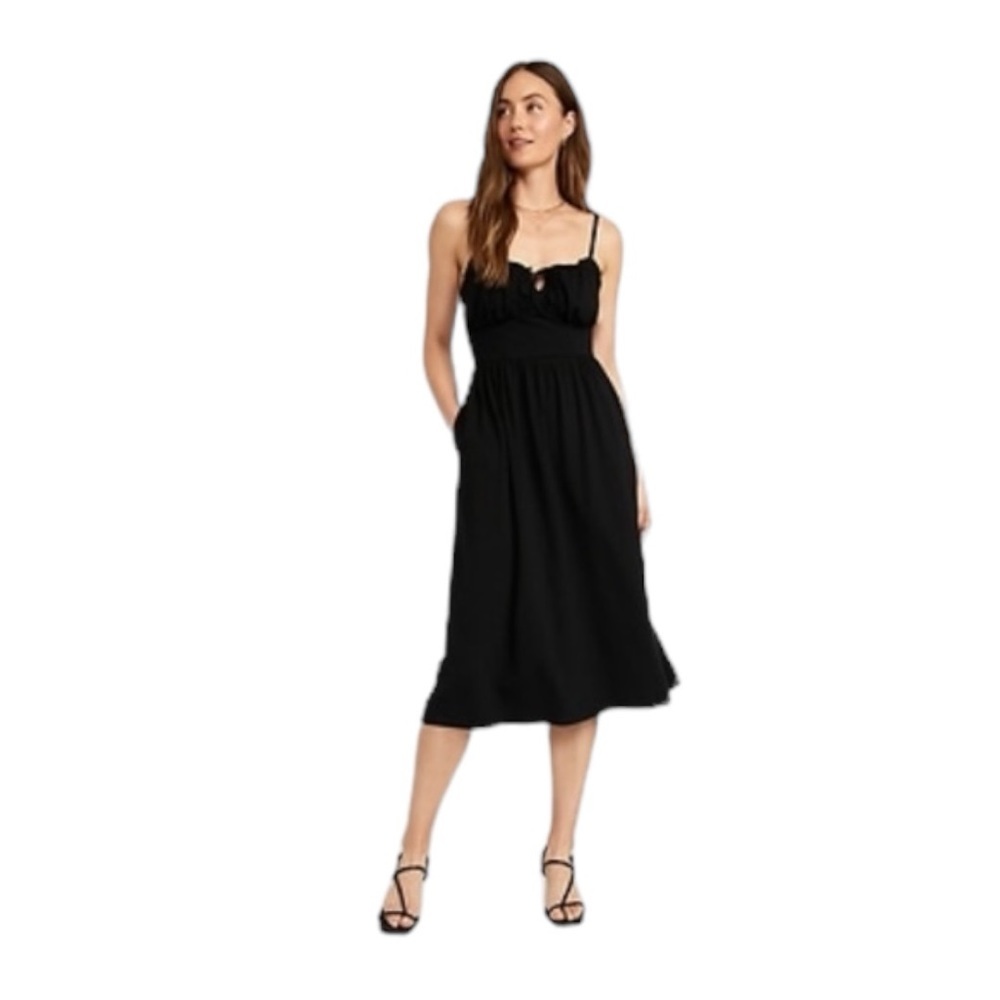 OLD NAVY Black Fit & Flare Tie-Front Cami Midi Dress M Tall NWT